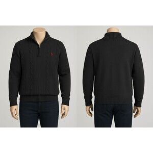 VTG U.S Polo Assn. 3X Black Cable-Knit Quarter Zip Mock Turtleneck Sweater